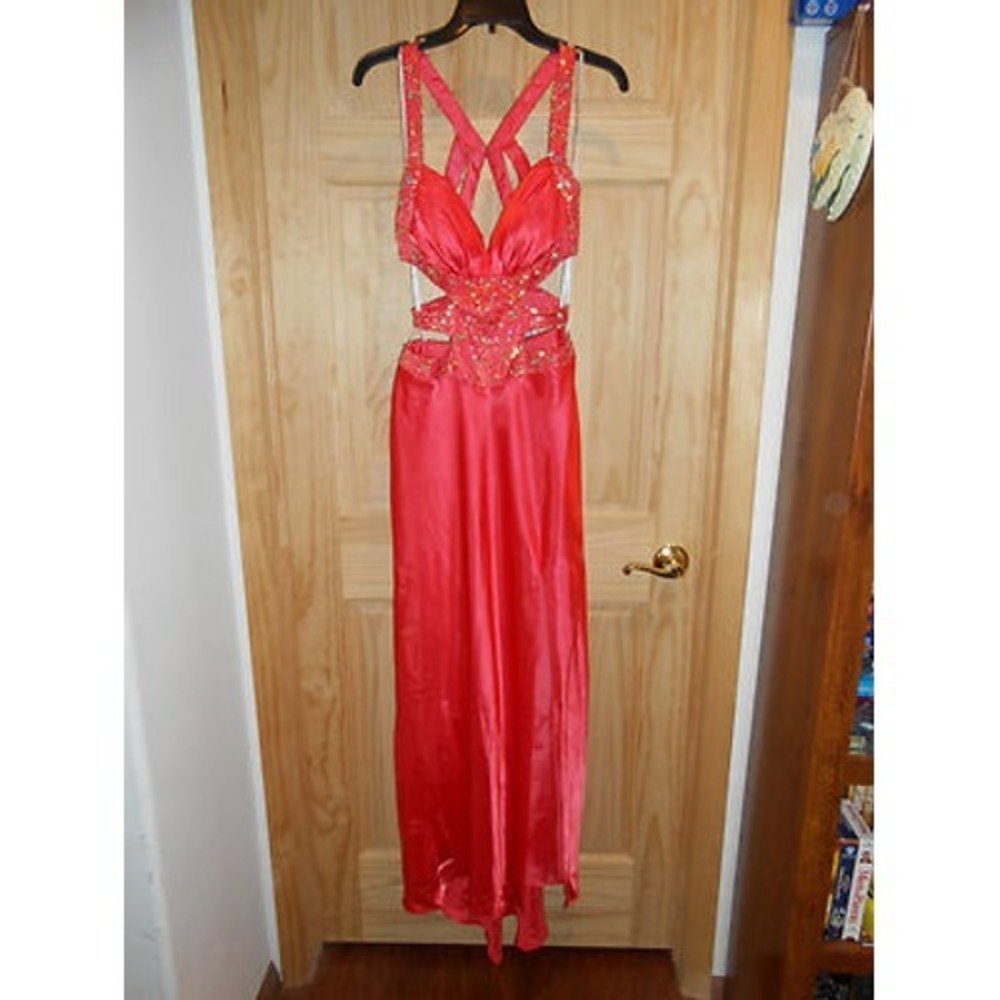 NEW deb Long‎ Formal Dress Sexy 5/6 Sequin Gemmed Open Sides Coral Pink/Orange!